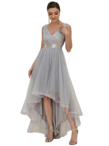 ever-pretty women's prom dress double v-neck sleeveless empire waist sequin high low tulle formal dress silver us6