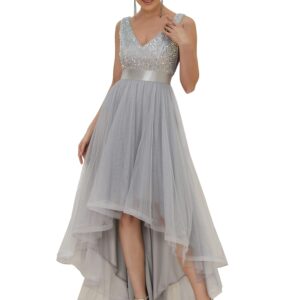 Ever-Pretty Women's Prom Dress Double V-Neck Sleeveless Empire Waist Sequin High Low Tulle Formal Dress Silver US6