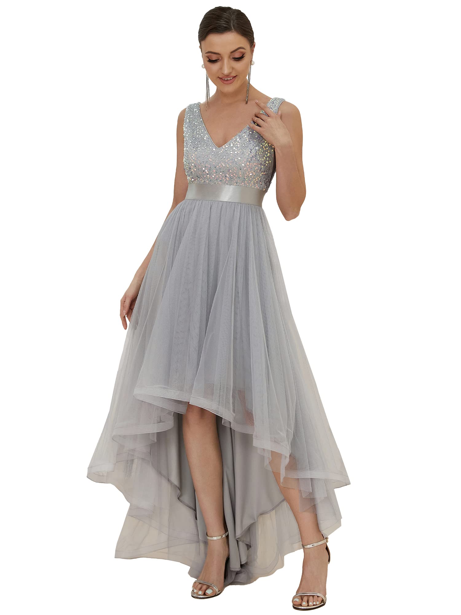 Ever-Pretty Women's Prom Dress Double V-Neck Sleeveless Empire Waist Sequin High Low Tulle Formal Dress Silver US6