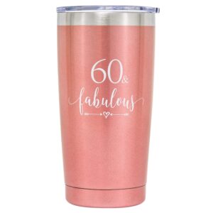 crisky 60 & fabulous vacuum insulated tumbler for women 60th birthday gifts for wife, mom, sister, aunt, friends, coworker her, 20oz rose gold tumbler with box, lid