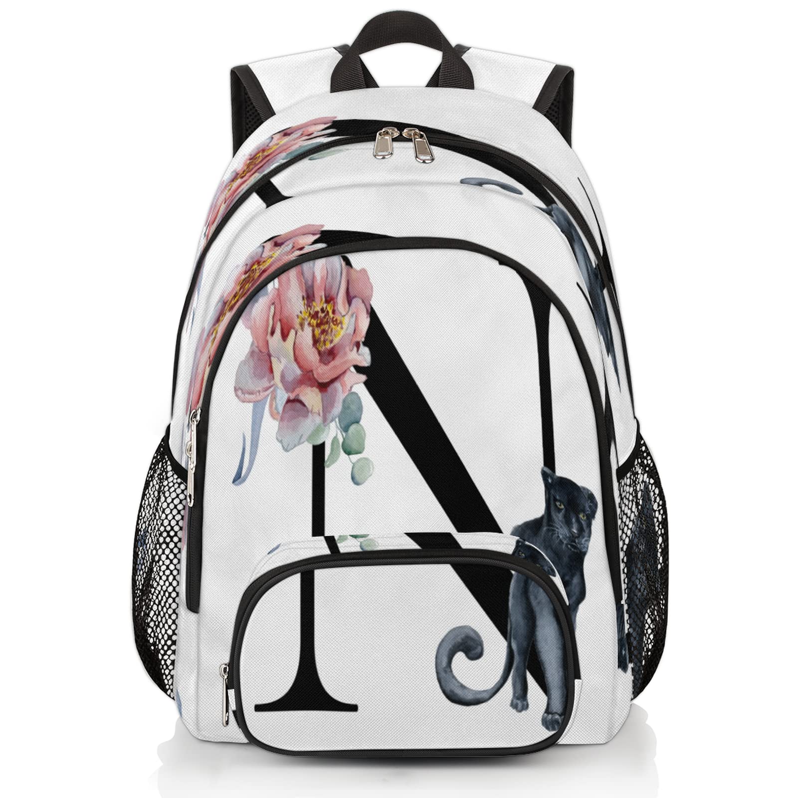 Alphabet Monogram Floral N Letter Bookbag School Backpack Teens Girls Boys Schoolbag Shoulder Computer Hiking Gym Travel Casual Travel Daypack