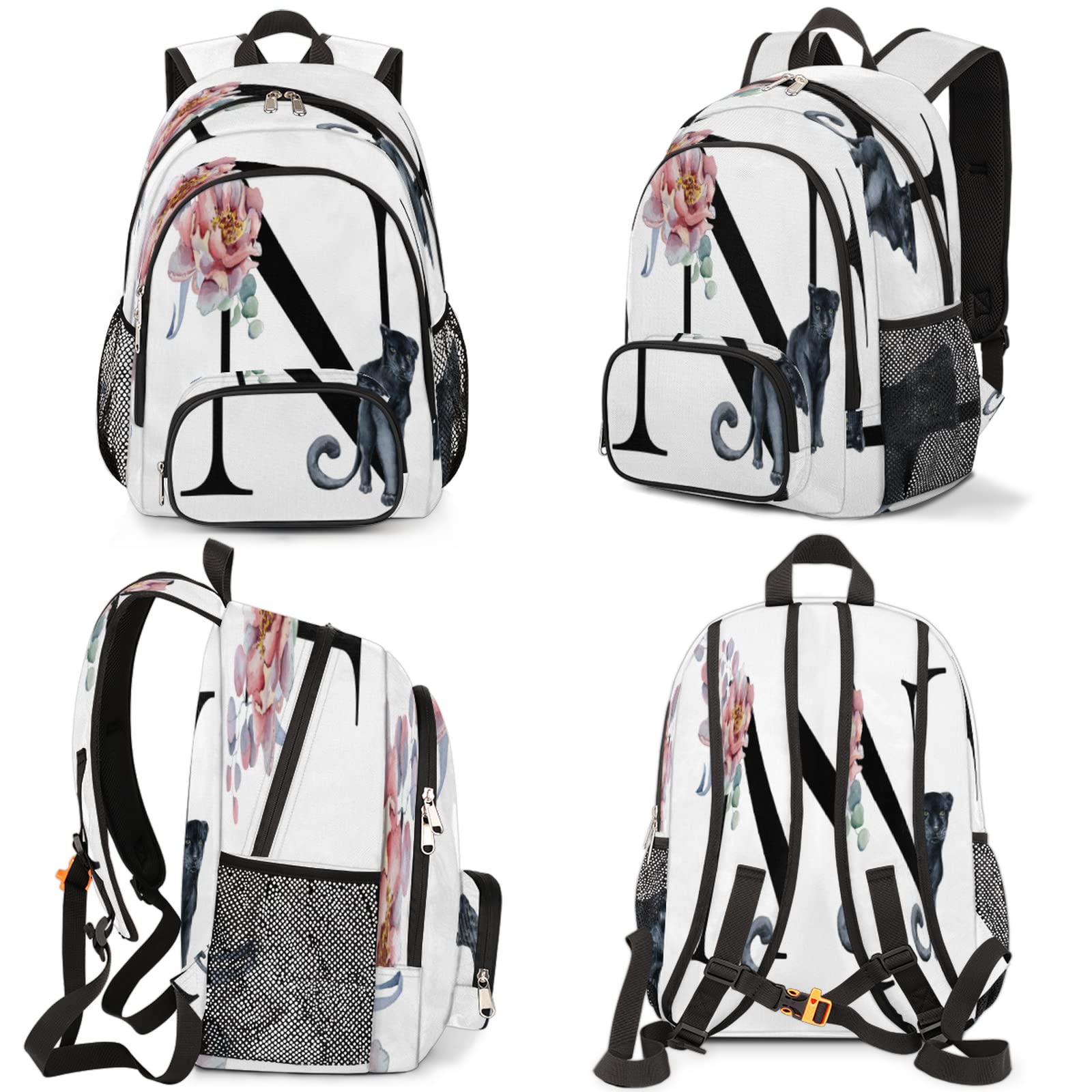 Alphabet Monogram Floral N Letter Bookbag School Backpack Teens Girls Boys Schoolbag Shoulder Computer Hiking Gym Travel Casual Travel Daypack