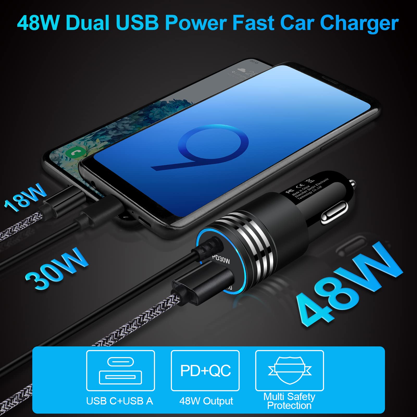 48W Super Fast Samsung Car Charger USB C Rapid Android Car Adapter with 30W Built-in Type C Fast Charging Cable for Samsung Galaxy S24 S23 Ultra S22 S21 S20 FE A15 A14 A54 A53 A23 A13 A03S A12 A32 S9