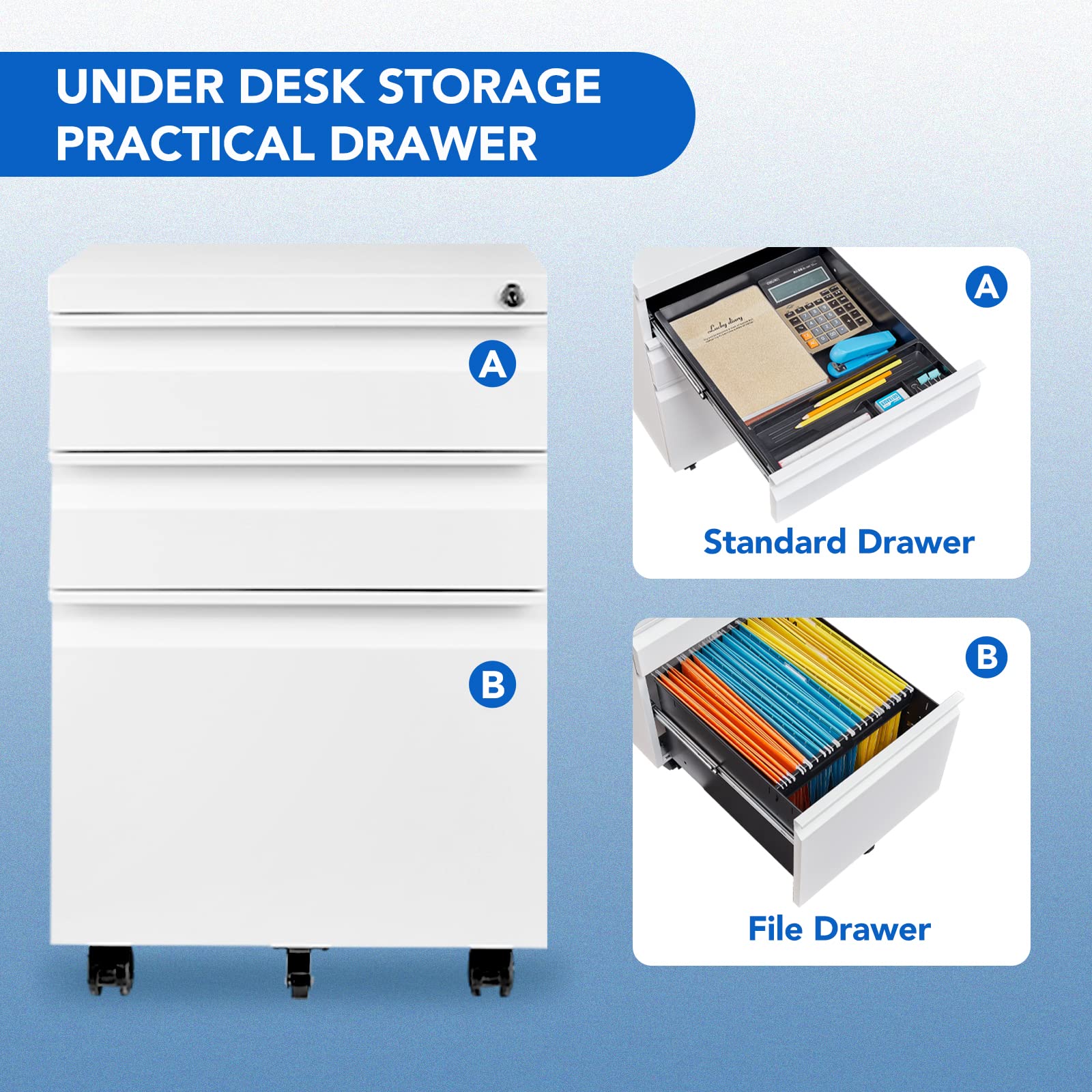 FLEXISPOT 3 Drawer Mobile File Cabinet for Home Office Under Desk Storage, Filing Cabinet with Lock Keys, File Organizer Cabinet for Legal/Letter/A4 File, White