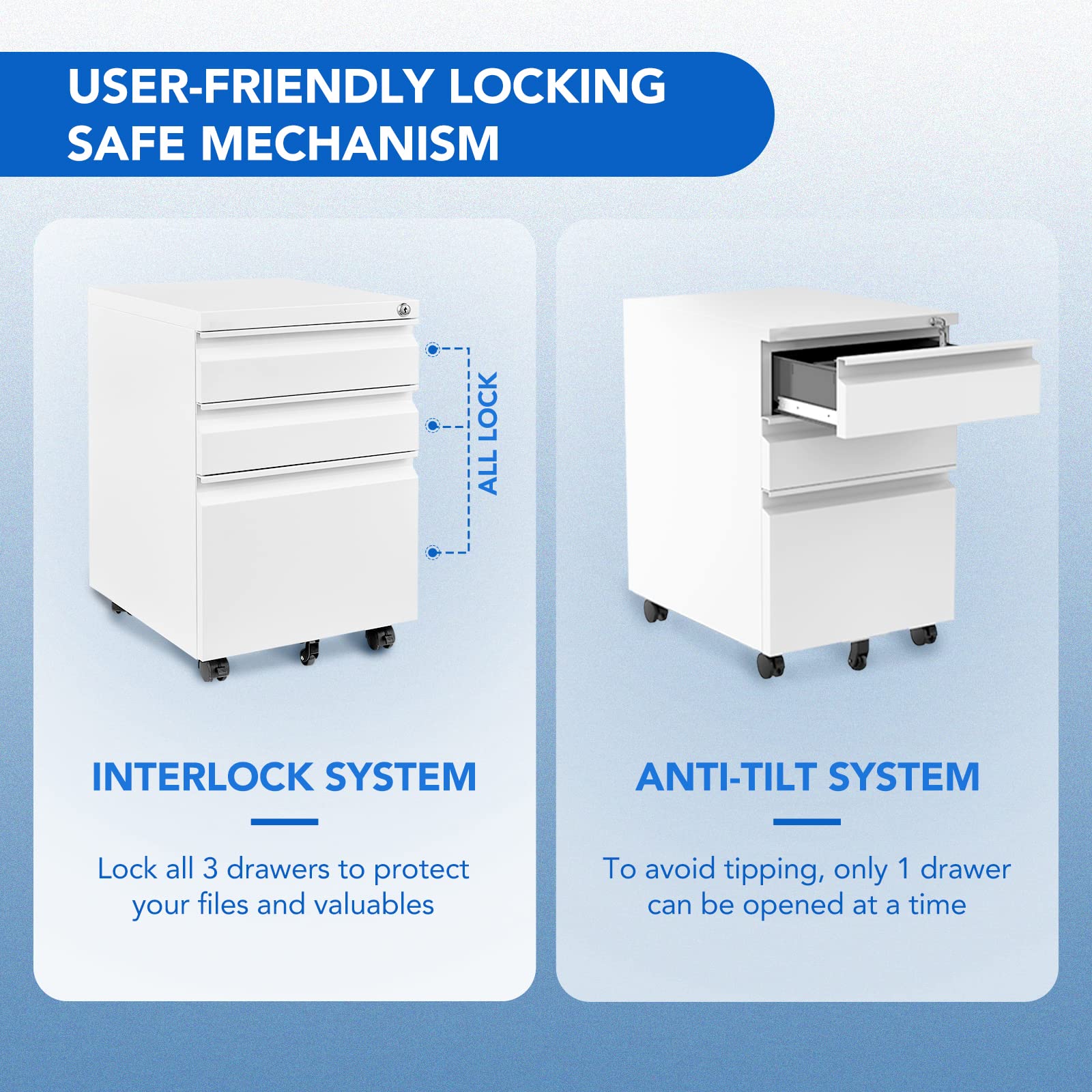 FLEXISPOT 3 Drawer Mobile File Cabinet for Home Office Under Desk Storage, Filing Cabinet with Lock Keys, File Organizer Cabinet for Legal/Letter/A4 File, White