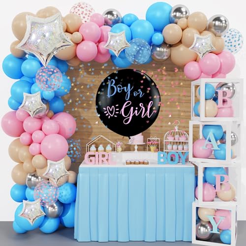 Amandir 164PCS Baby Boxes Gender Reveal Balloon Decorations, Pink and Blue Balloon Garland Kit 4pcs Baby Boxes with Letters (A-Z+Baby) for Baby Shower Birthday Boy or Girl Gender Reveal Party Supplies
