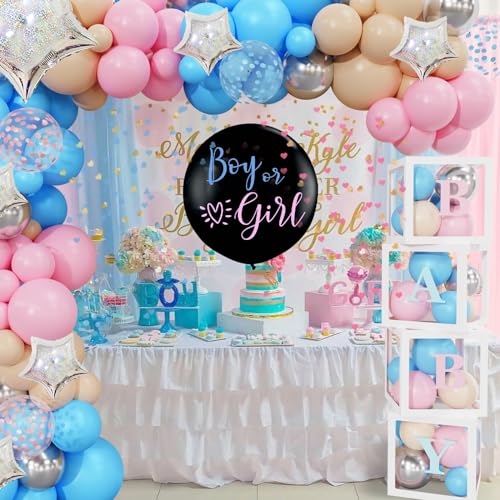 Amandir 164PCS Baby Boxes Gender Reveal Balloon Decorations, Pink and Blue Balloon Garland Kit 4pcs Baby Boxes with Letters (A-Z+Baby) for Baby Shower Birthday Boy or Girl Gender Reveal Party Supplies