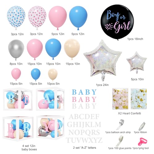 Amandir 164PCS Baby Boxes Gender Reveal Balloon Decorations, Pink and Blue Balloon Garland Kit 4pcs Baby Boxes with Letters (A-Z+Baby) for Baby Shower Birthday Boy or Girl Gender Reveal Party Supplies