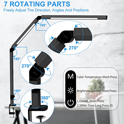 LED Desk Lamp with Clamp, Architect Desk Lamp with Dual Light and Adjustable Swing Arm, Clip-on Eye-Care 4 CCT Modes & 5 Brightness Levels Table Light Modern Desk Light for Home Office