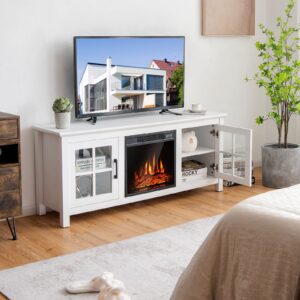 tangkula electric fireplace tv stand for tvs up to 65 inch, fireplace tv console w/remote control, 3-level adjustable brightness, overheat protection, tv entertainment center w/fireplace insert