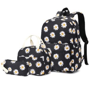 yusudan daisy girls school backpack set, kids teens school bag bookbag with lunch bag pencil bag (black)