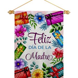 Feliz Dia De La Madre Garden Flag - Set Wood Dowel Family Mother Day Mom Mama Grandma Love Flowers Parent Sibling Relatives Grandparent - House Banner Small Yard Gift Double-Sided 13 X 18.5