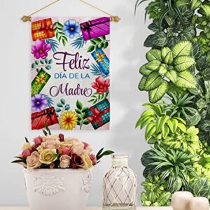 Feliz Dia De La Madre Garden Flag - Set Wood Dowel Family Mother Day Mom Mama Grandma Love Flowers Parent Sibling Relatives Grandparent - House Banner Small Yard Gift Double-Sided 13 X 18.5