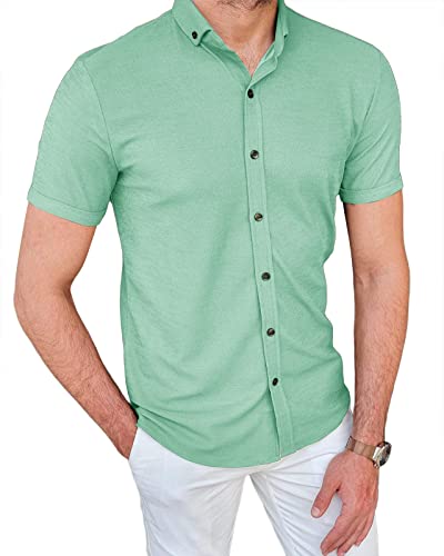 Mens Dress Shirts Button Down Short Sleeve Casual Stretchy Regular Fit Knitted Elastic Business Summer Tops for Men Green