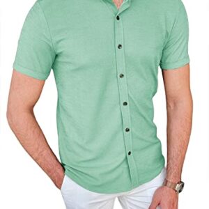 Mens Dress Shirts Button Down Short Sleeve Casual Stretchy Regular Fit Knitted Elastic Business Summer Tops for Men Green