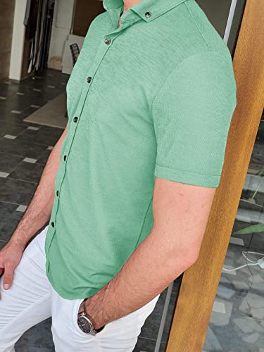 Mens Dress Shirts Button Down Short Sleeve Casual Stretchy Regular Fit Knitted Elastic Business Summer Tops for Men Green