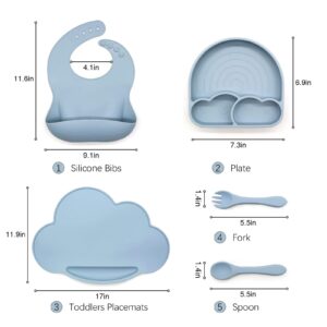 Baby Feeding Set 5 Pack - Toddler Silicone Bibs Suction Divided Plate Placemat Spoon Fork - Baby Led Weaning Feeding Supplies, Baby Eating Training Dishes Utensils (Dusty Blue)