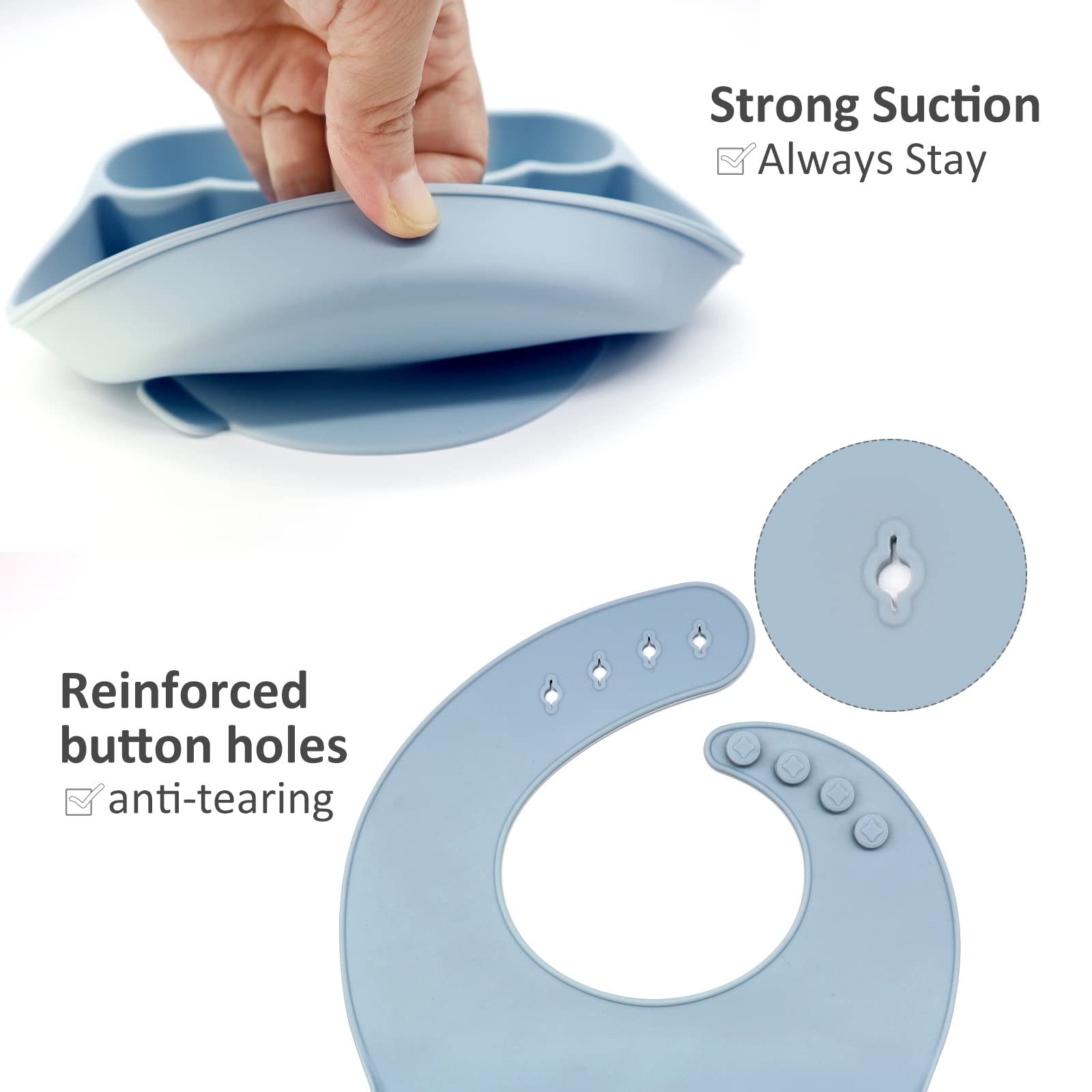 Baby Feeding Set 5 Pack - Toddler Silicone Bibs Suction Divided Plate Placemat Spoon Fork - Baby Led Weaning Feeding Supplies, Baby Eating Training Dishes Utensils (Dusty Blue)