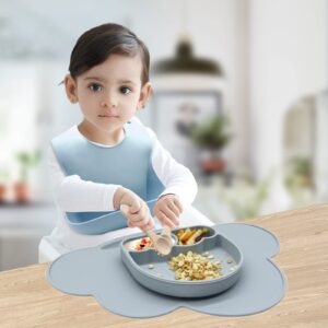 Baby Feeding Set 5 Pack - Toddler Silicone Bibs Suction Divided Plate Placemat Spoon Fork - Baby Led Weaning Feeding Supplies, Baby Eating Training Dishes Utensils (Dusty Blue)