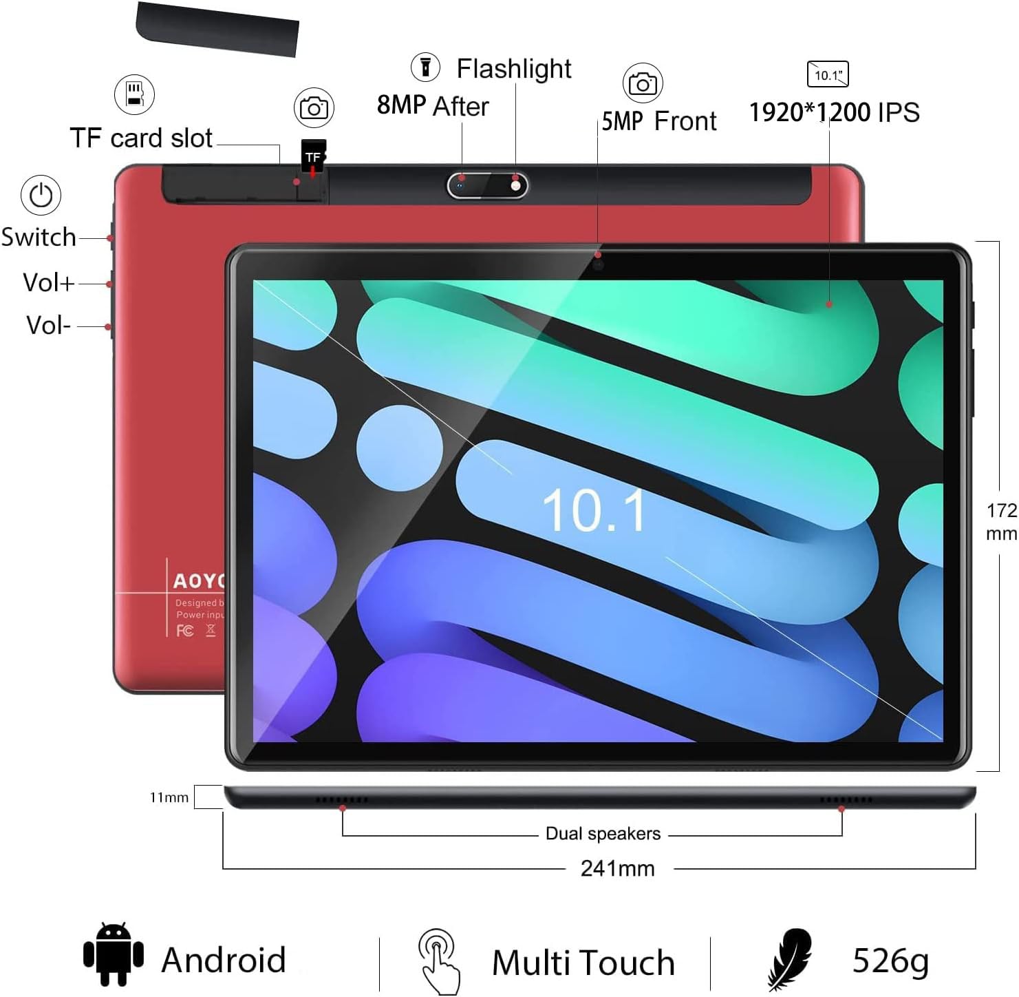 AOYODKG Tablet 2 in 1, Tablet 10.1 inch Android Tablet with Keyboard, 2.4/5G WiFi, 8GB+64GB(1TB Expand), Octa-Core, IPS HD Display, Dual Camera, Bluetooth, Google Certified Tablet PC, M40 (Red)