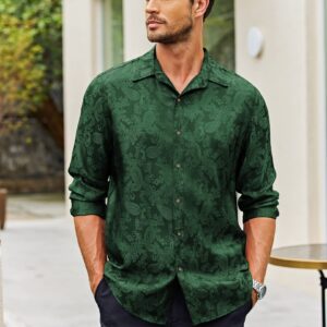 COOFANDY Mens Green Button Down Shirt Floral Jacquard Dress Shirts Long Sleeve Button Up Shirt Wedding Dress Shirts