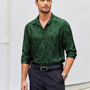 COOFANDY Mens Green Button Down Shirt Floral Jacquard Dress Shirts Long Sleeve Button Up Shirt Wedding Dress Shirts