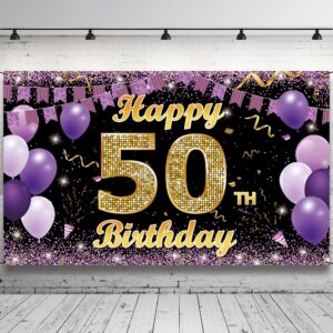 50th birthday decorations backdrop banner, happy 50th birthday decorations for her, gold purple 50 birthday party photo backdrop decor supplies for women, fabric 6.1ft x 3.6ft vicycaty