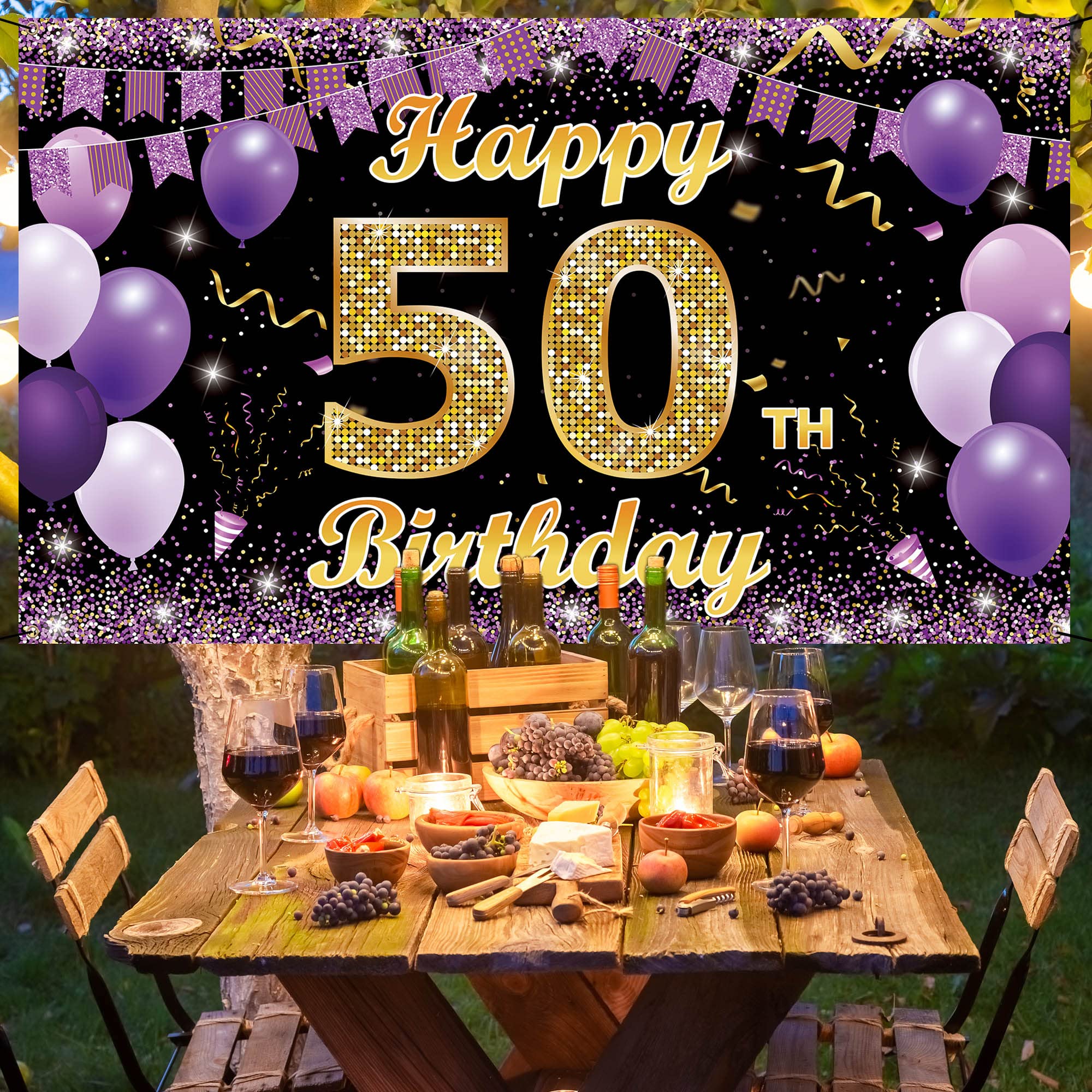 50th Birthday Decorations Backdrop Banner, Happy 50th Birthday Decorations for Her, Gold Purple 50 Birthday Party Photo Backdrop Decor Supplies for Women, Fabric 6.1ft x 3.6ft Vicycaty