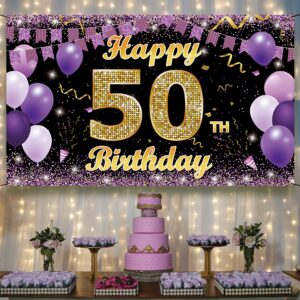 50th Birthday Decorations Backdrop Banner, Happy 50th Birthday Decorations for Her, Gold Purple 50 Birthday Party Photo Backdrop Decor Supplies for Women, Fabric 6.1ft x 3.6ft Vicycaty