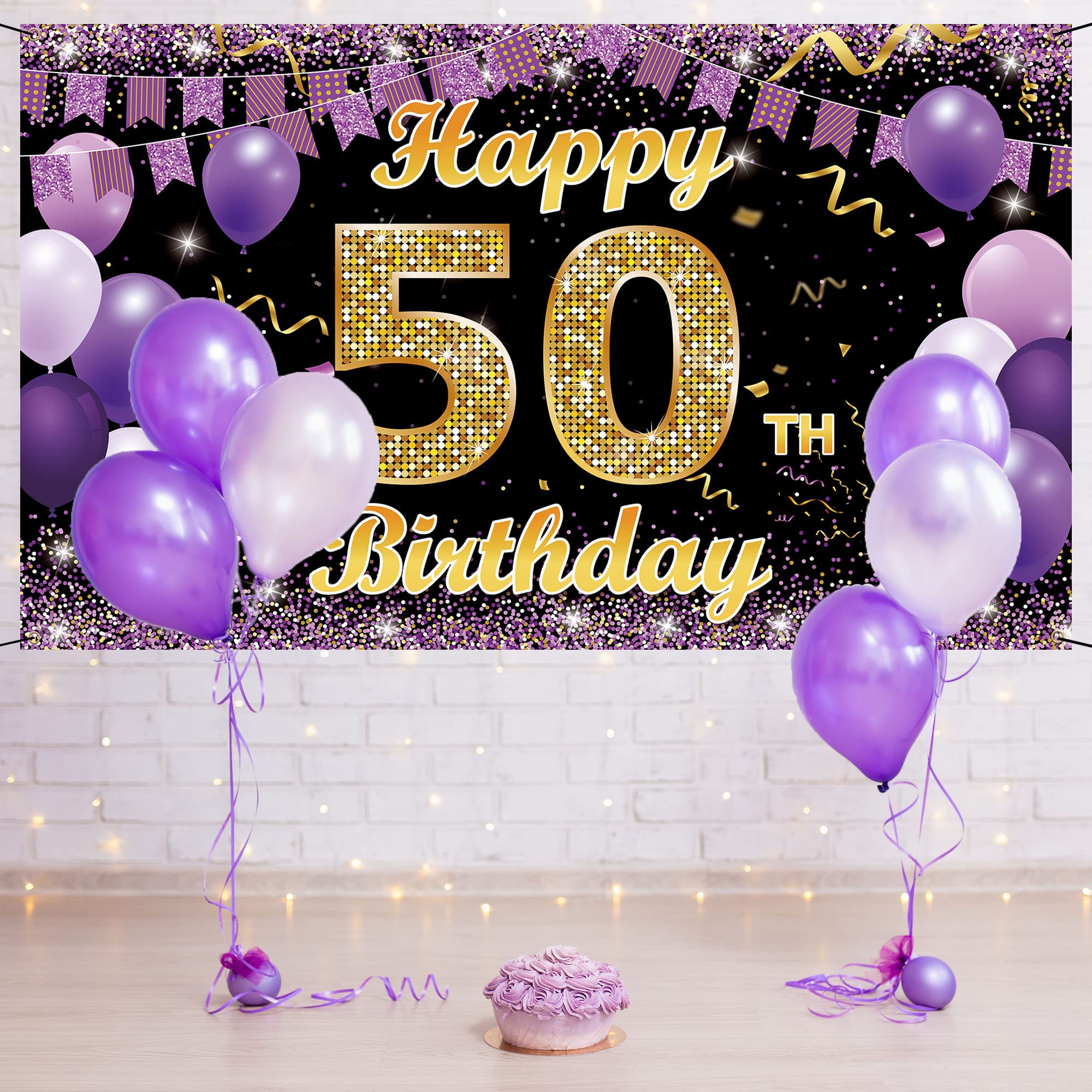 50th Birthday Decorations Backdrop Banner, Happy 50th Birthday Decorations for Her, Gold Purple 50 Birthday Party Photo Backdrop Decor Supplies for Women, Fabric 6.1ft x 3.6ft Vicycaty