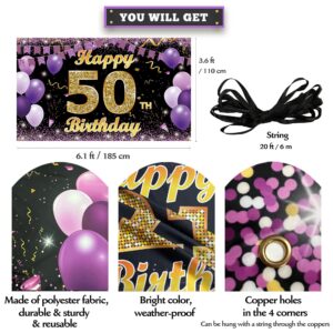 50th Birthday Decorations Backdrop Banner, Happy 50th Birthday Decorations for Her, Gold Purple 50 Birthday Party Photo Backdrop Decor Supplies for Women, Fabric 6.1ft x 3.6ft Vicycaty