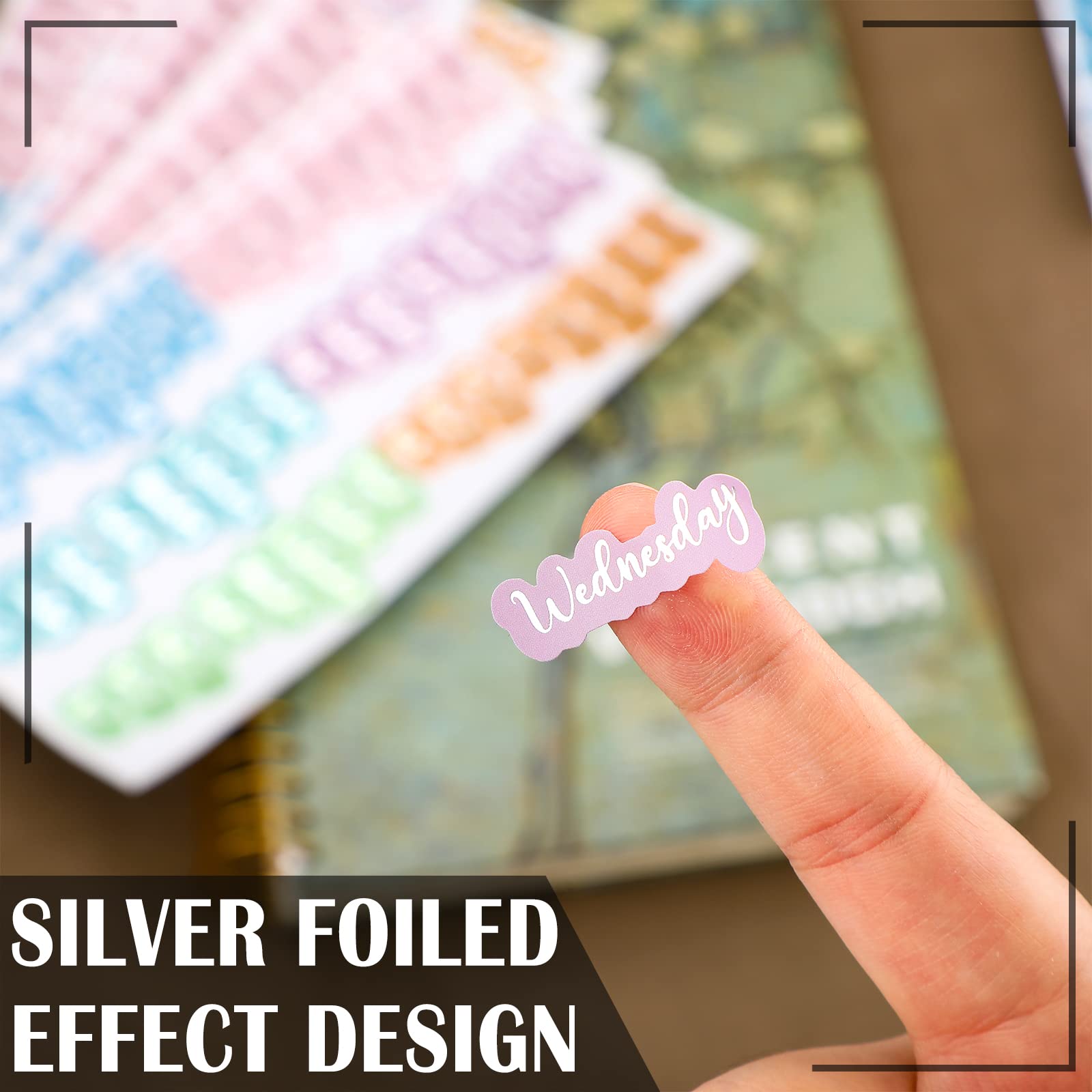 480 Pcs Day of The Week Stickers Silver Foiled Date Covers Decorative Stickers Monday to Sunday Self Adhesive Stickers for Planner Removable Day Labels for Journal School (Shaped,Mixed Size)