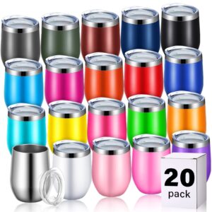20 pack stainless steel wine tumblers with lids 12 oz stemless wine glass double wall insulated wine cups for wine coffee cocktails champaign, 20 assorted colors