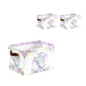 CUXWEOT Personalized Purple Floral Elephant Storage Bin with Name Waterproof Canvas Organizer Bin with Handles for Gift Baskets Book Bag (2 Pack)