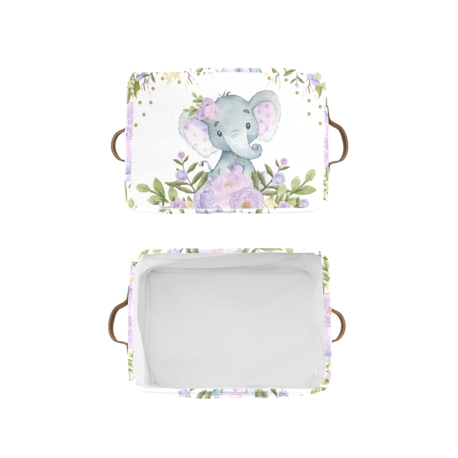 CUXWEOT Personalized Purple Floral Elephant Storage Bin with Name Waterproof Canvas Organizer Bin with Handles for Gift Baskets Book Bag (2 Pack)