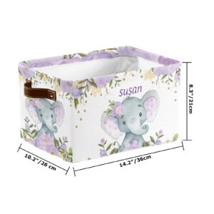 CUXWEOT Personalized Purple Floral Elephant Storage Bin with Name Waterproof Canvas Organizer Bin with Handles for Gift Baskets Book Bag (2 Pack)