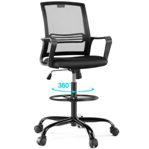 afo tall drafting chair with adjustable foot ring ergonomic lumbar support and comfortable armrest, high resilience sponge, breathable mesh cloth, 360 degree swivel rolling for standing desk, black