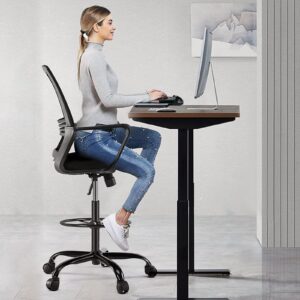 AFO Tall Drafting Chair with Adjustable Foot Ring Ergonomic Lumbar Support and Comfortable Armrest, High Resilience Sponge, Breathable Mesh Cloth, 360 Degree Swivel Rolling for Standing Desk, Black