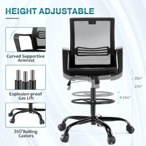 AFO Tall Drafting Chair with Adjustable Foot Ring Ergonomic Lumbar Support and Comfortable Armrest, High Resilience Sponge, Breathable Mesh Cloth, 360 Degree Swivel Rolling for Standing Desk, Black