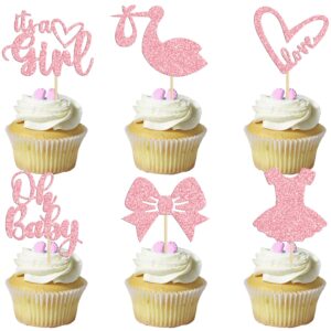 gyufise 36 pack oh baby cupcake toppers it's a girl cupcake toppers with bow dress love heart pink glitter cake picks decorations for baby shower girl birthday party supplies