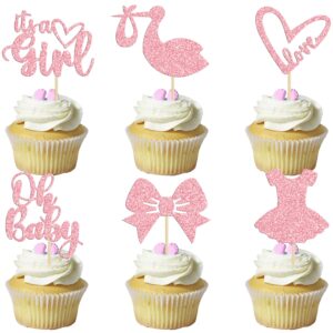 Gyufise 36 Pack Oh Baby Cupcake Toppers It's a Girl Cupcake Toppers with Bow Dress Love Heart Pink Glitter Cake Picks Decorations for Baby Shower Girl Birthday Party Supplies