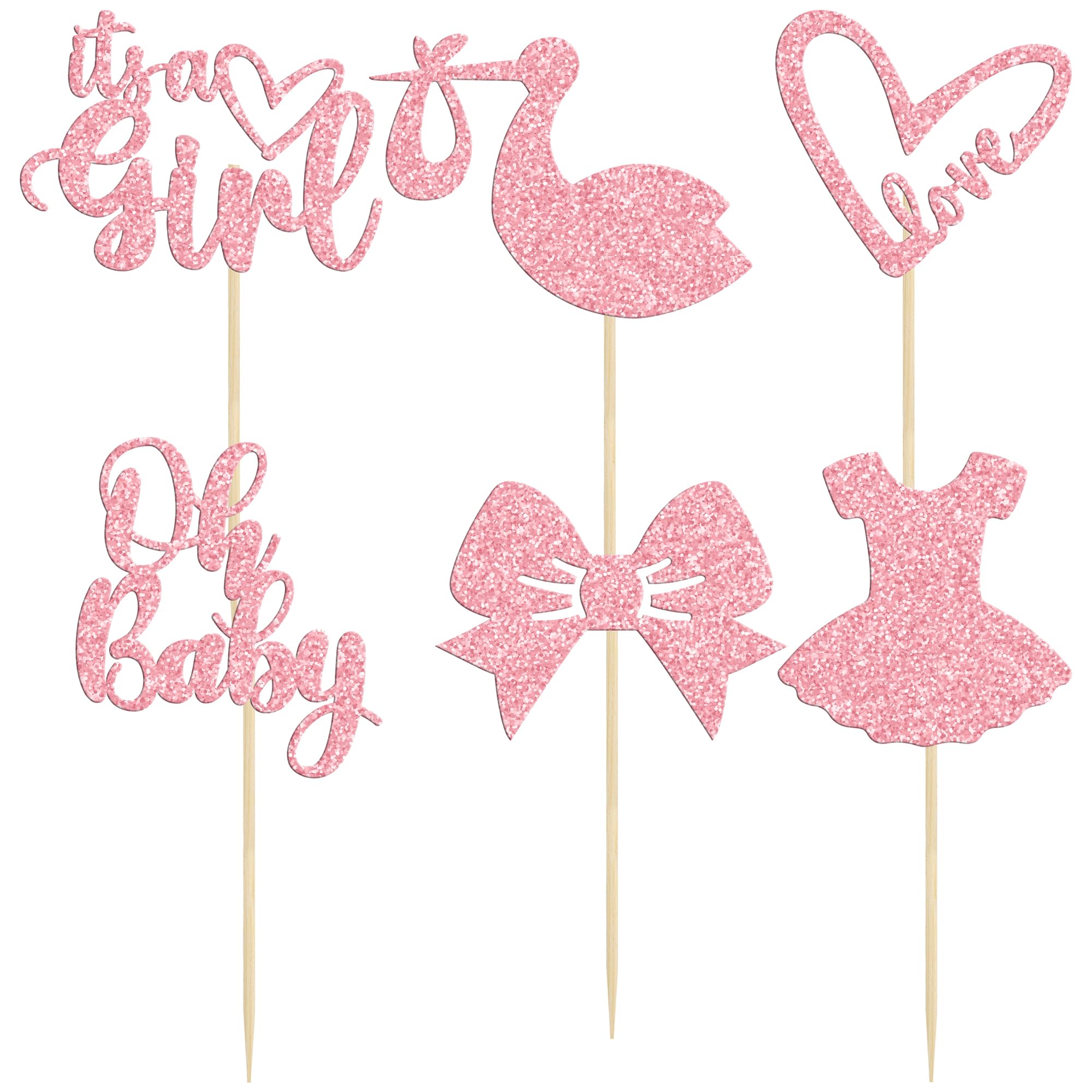 Gyufise 36 Pack Oh Baby Cupcake Toppers It's a Girl Cupcake Toppers with Bow Dress Love Heart Pink Glitter Cake Picks Decorations for Baby Shower Girl Birthday Party Supplies