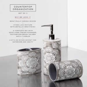 BINO Bathroom Accessories Set - Grey | Soap Dispenser | Toothbrush Holder | Tumbler | 3-Piece Bathroom Organizer Countertop Set | Bathroom Decor | Home Decor | Bathroom Set