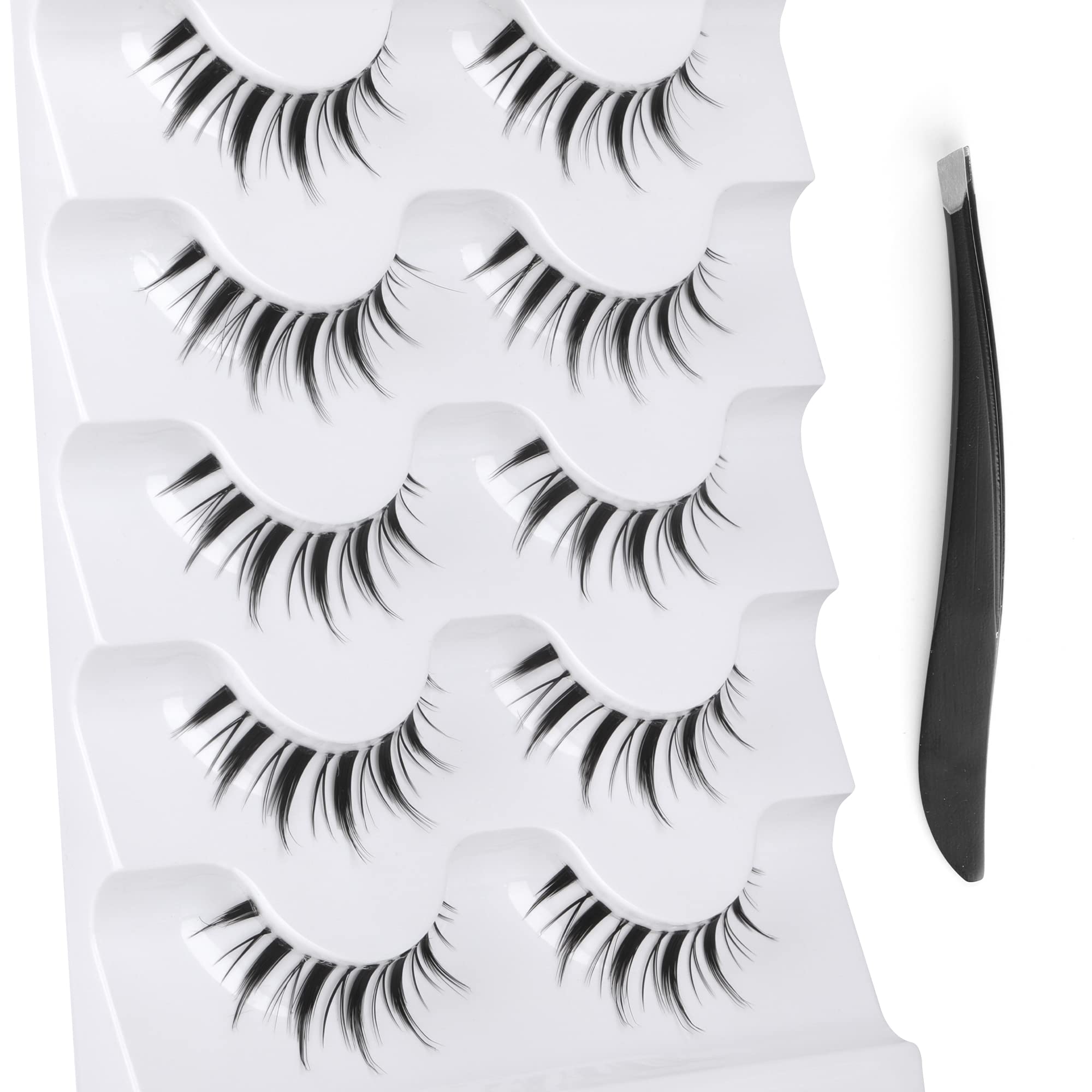 FANXITON Natural Lashes 14MM Manga Lashes with Clear Band 5 Pairs Japanese Lashes Makeup Short 3D False Eyelashes with Applicator