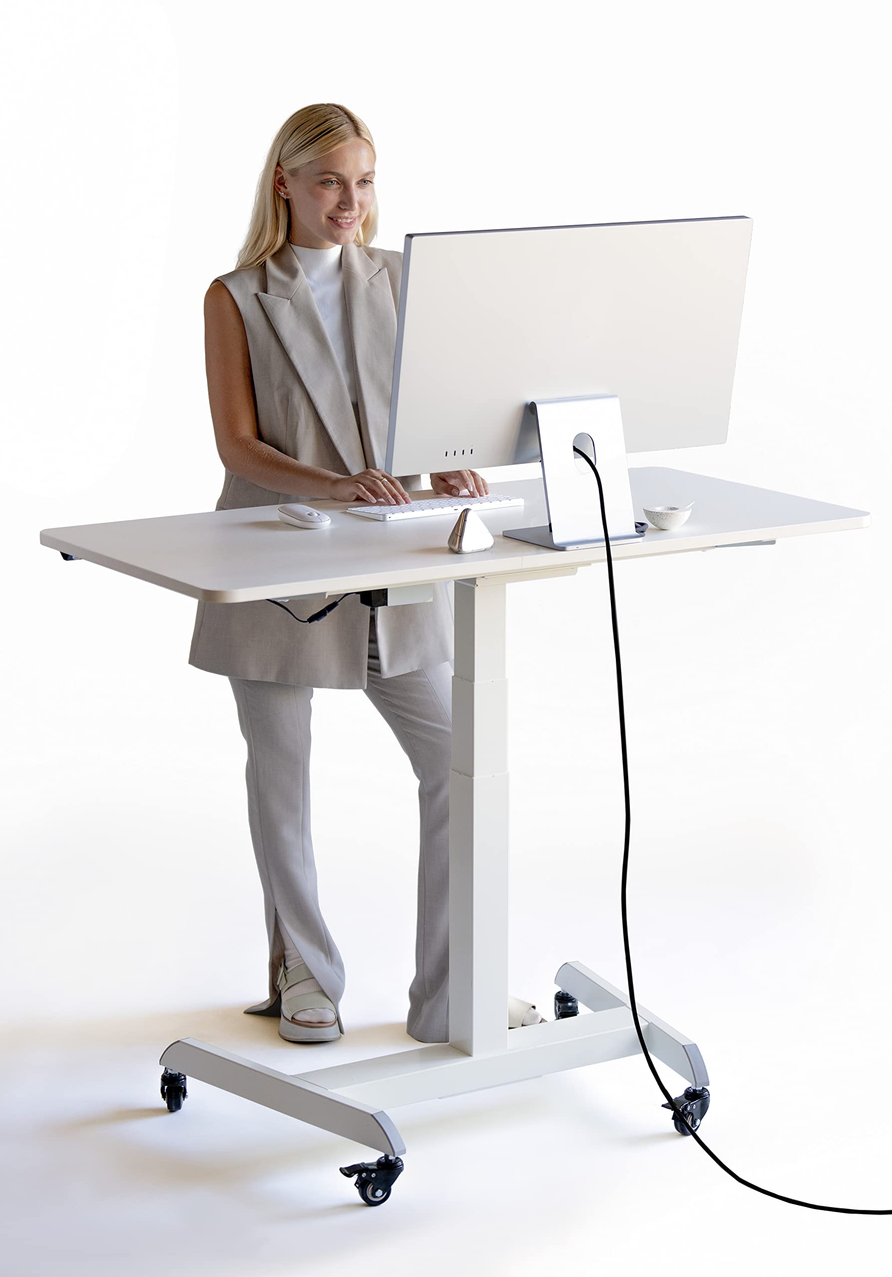 OCOMMO Spacious and Automatic Height Adjustable 47.3 Inch Mobile Workstation Table for Home Office or Office Desk, Sit to Stand Up Tabletop Computer and Monitor Desk, White