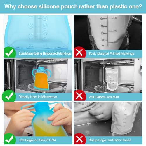 Morlike Living Silicone Refillable Baby Food Pouches, Reusable Squeeze Storage Pouch Bags with Straw for Toddlers Kids, Washable & Freezable, 4.5oz (2 Pack - Blue)