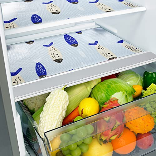 Ganwawo 8 Pcs Refrigerator Liners,Washable Non-Slip Refrigerator mat,Free Anti-Slip mat,for Drawer, Shelf and Refrigerator Liners, Cuttable Refrigerator mat (Fish)