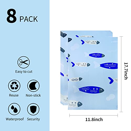 Ganwawo 8 Pcs Refrigerator Liners,Washable Non-Slip Refrigerator mat,Free Anti-Slip mat,for Drawer, Shelf and Refrigerator Liners, Cuttable Refrigerator mat (Fish)