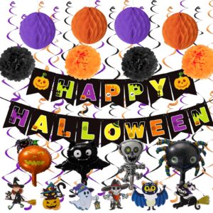 halloween birthday party decorations indoor, halloween themed party supplies with happy halloween banner hanging swirl streamers halloween card paper flowers balls honeycomb balls foil balloons