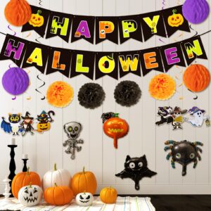 Halloween Birthday Party Decorations Indoor, Halloween Themed Party Supplies with Happy Halloween Banner Hanging Swirl Streamers Halloween Card Paper Flowers Balls Honeycomb Balls Foil Balloons